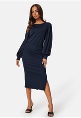 balloon-sleeve-rib-dress-navy