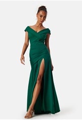 bardot-pleat-maxi-split-dress-emerald-1