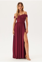 bardot-rouched-maxi-split-dress-berry