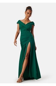 Goddiva Bardot Pleat Maxi Split Dress