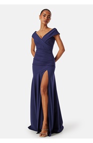 Goddiva Bardot Pleat Maxi Split Dress