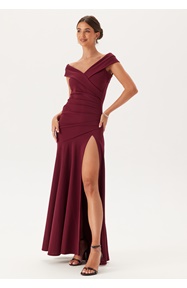 Goddiva Bardot Pleat Maxi Split Dress