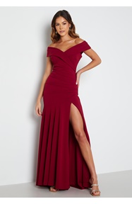 Goddiva Bardot Pleat Maxi Split Dress