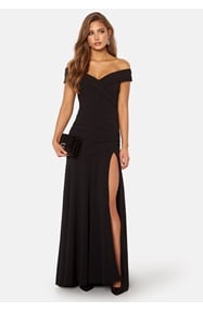 Goddiva Bardot Pleat Maxi Split Dress