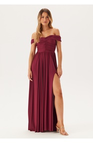 Goddiva Bardot Rouched Maxi Split Dress