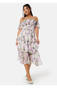 Goddiva Floral Bardot Pleated Midi Dress