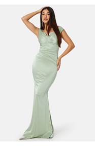 Goddiva Satin Bardot Pleat Maxi Dress