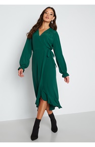 John Zack Long Sleeve Wrap Frill Dress