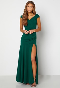 Goddiva Bardot Pleat Maxi Split Dress Emerald bubbleroom.fi
