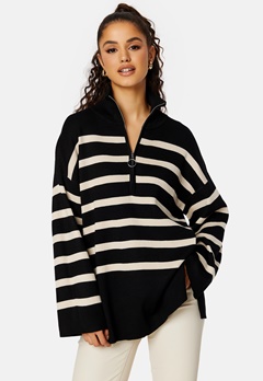 Object Collectors Item Ester L/S Knit Zip Pullover Black Stripes:Sandsh
 bubbleroom.fi
