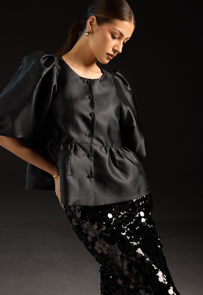 Bubbleroom Occasion Puff Sleeve Peplum Satin Blouse