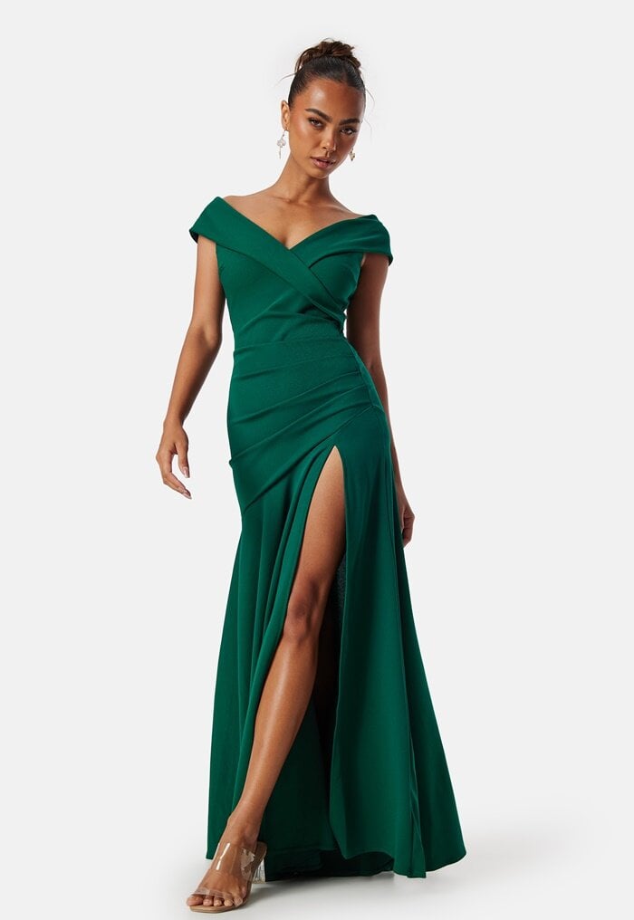 Goddiva Bardot Pleat Maxi Split Dress