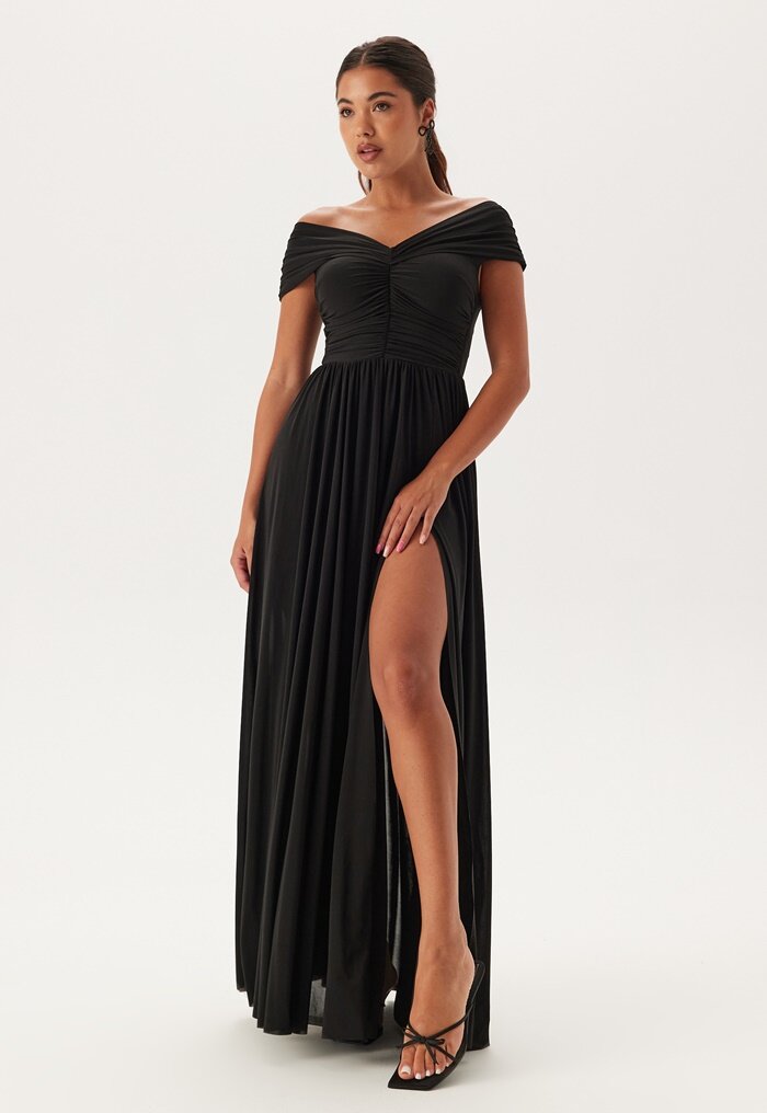 Goddiva Bardot Rouched Maxi Split Dress