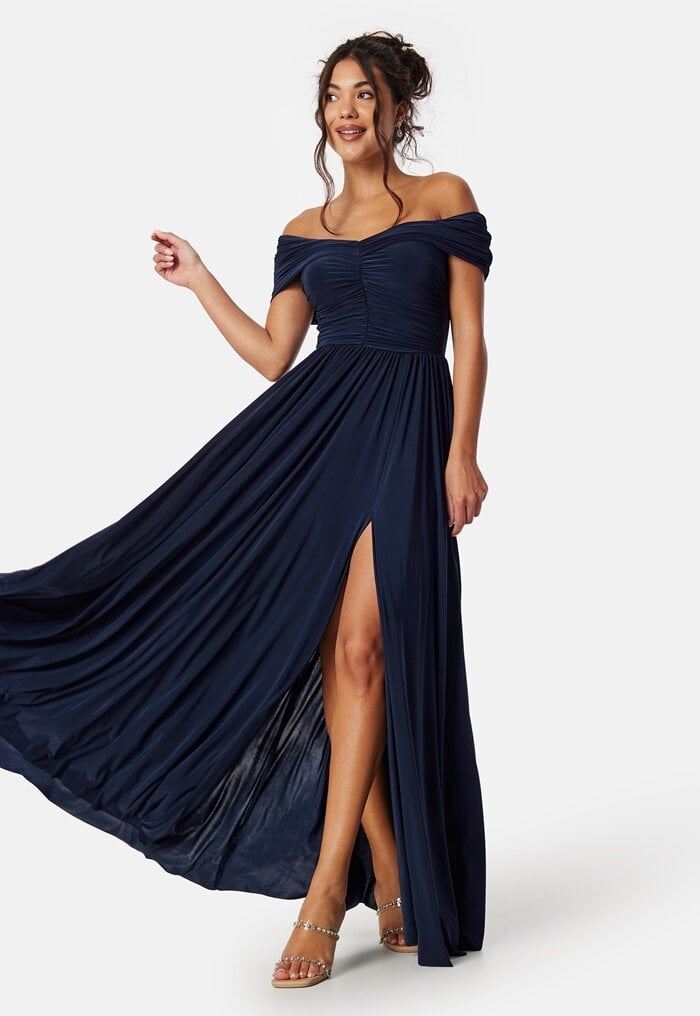 Goddiva Bardot Rouched Maxi Split Dress