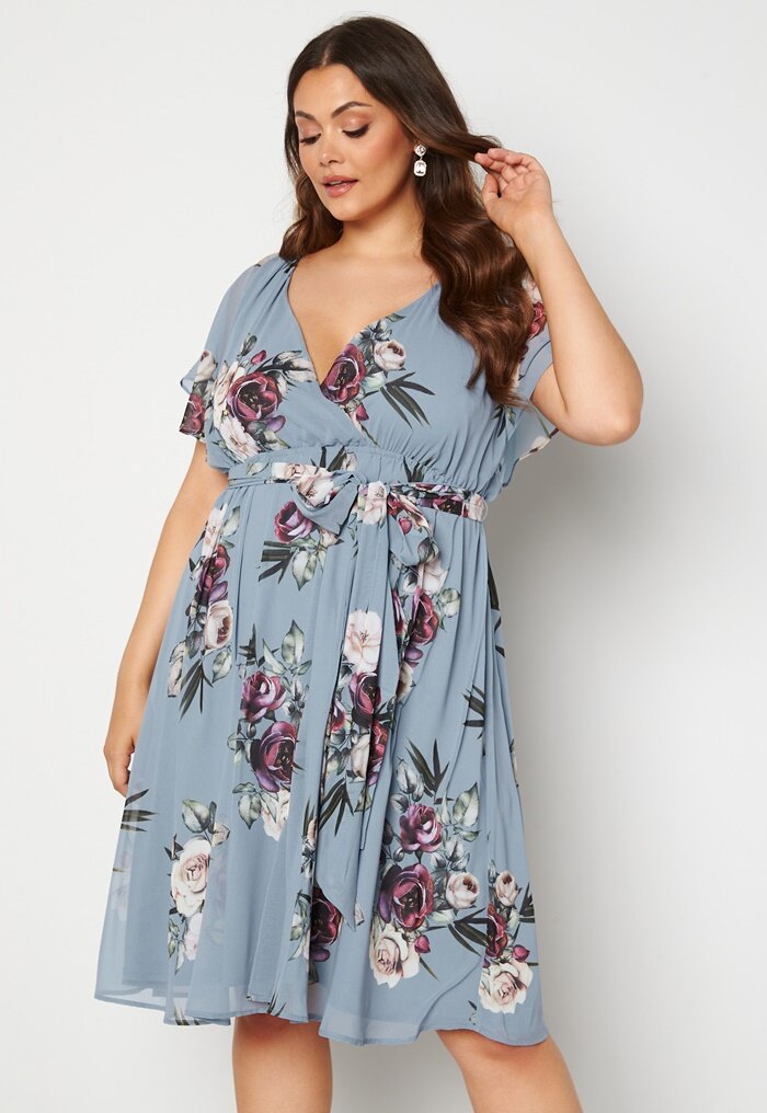 Goddiva Curve Floral Flutter Sleeve Midi Curve Dress