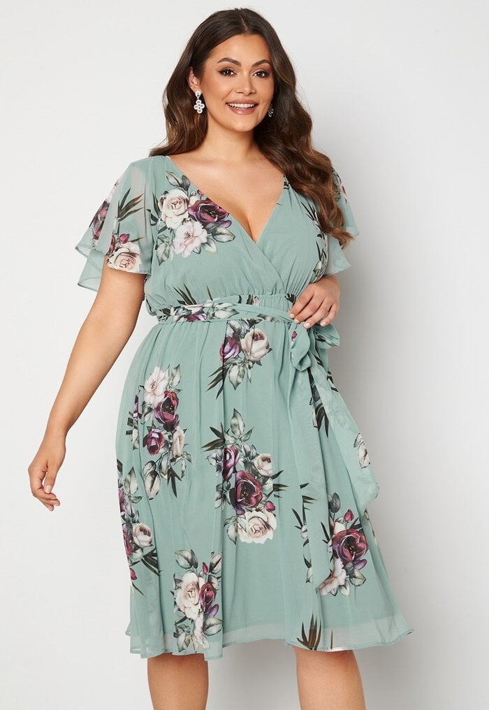 Goddiva Curve Floral Flutter Sleeve Midi Curve Dress