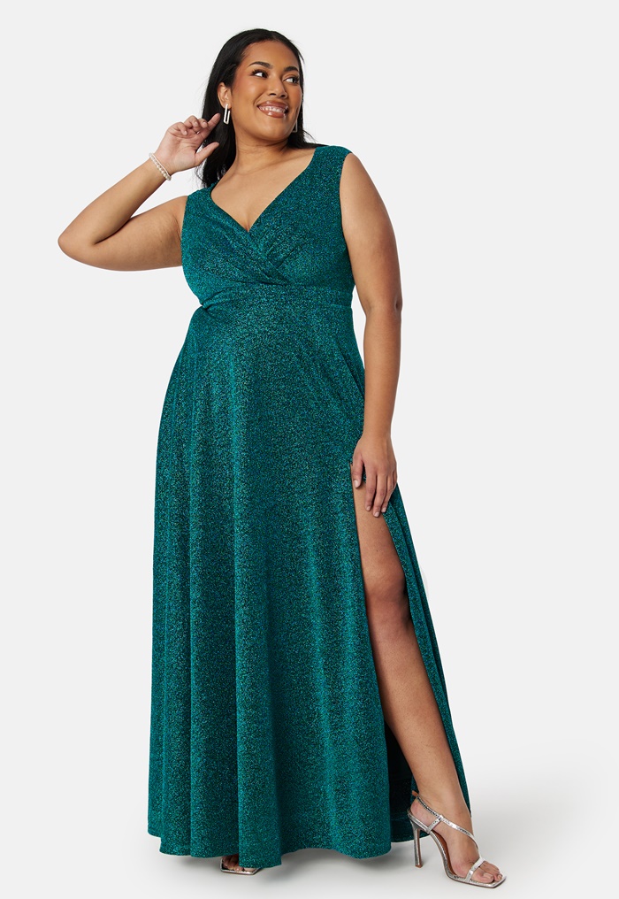 Goddiva Curve Glitter Wrap Front Maxi Curve Dress With Split