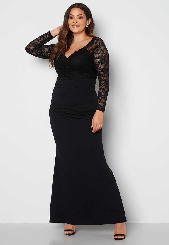 Goddiva Curve Long Sleeve Lace Trim Maxi Dress