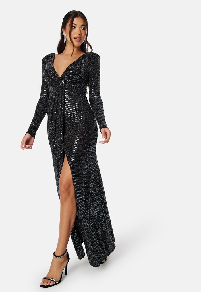 Goddiva Long Sleeve Sequin Maxi Dress With Split